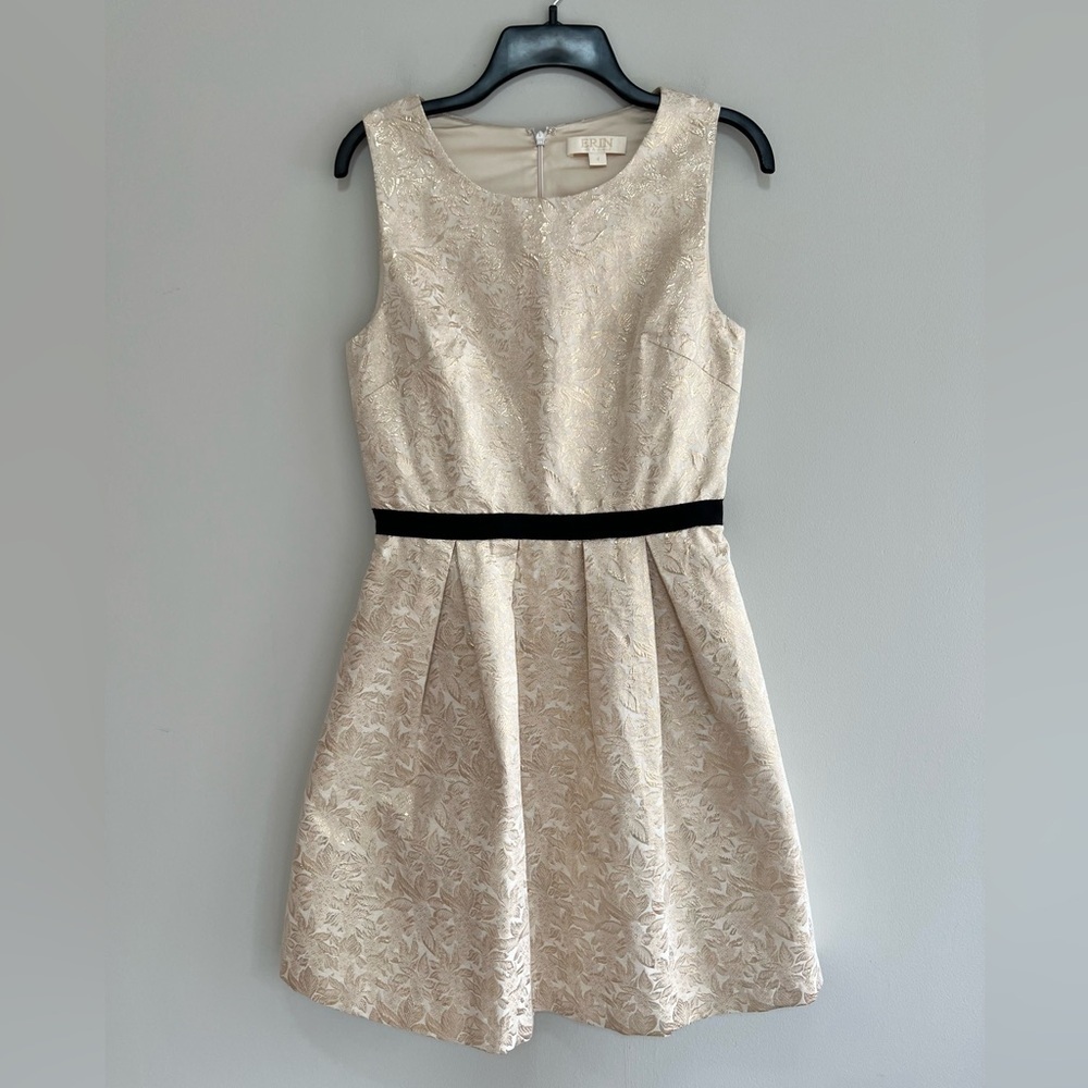 Erin Fetherston Alice Sleeveless Gold Metallic Jacquard Pleated Mini Dress, 4